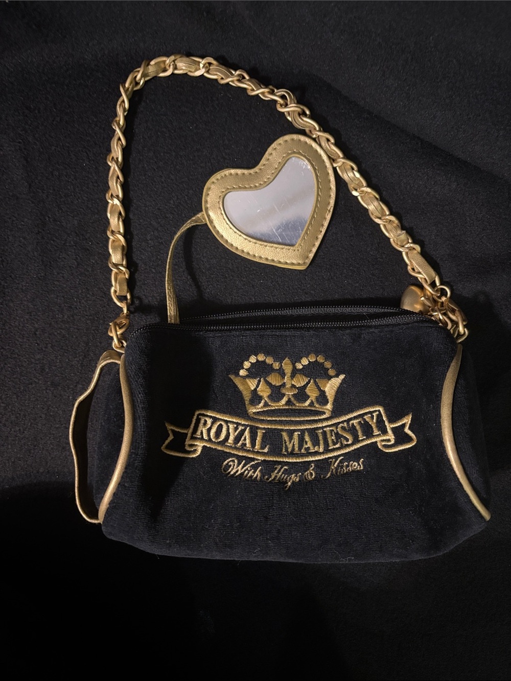 Vintage black velour/velvet mini barrel handbag with gold embroidery girls purse